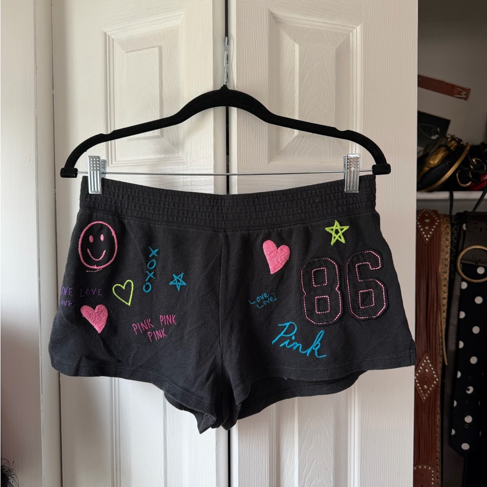 VS Pink Black Embroidered Graphic Lounge Shorts with Pink Accents